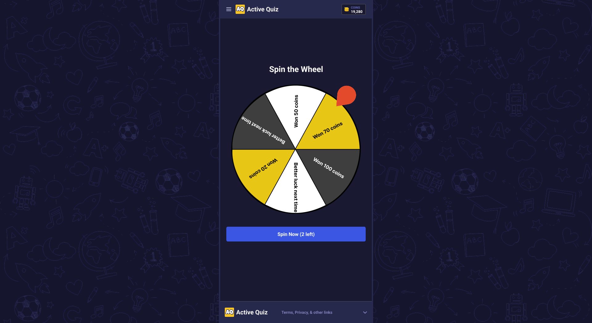 Spin the Wheel Screen Overview